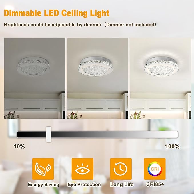 Crystal Ceiling Light 11" LED Crystal Bathroom Ceiling Light Fixtures Semi Flush Mount for Kitchen, Entryway, Foyer, Bedroom, Bathroom, Laundry Room, Cloakroom, Hallway 4000K (Dimmable)