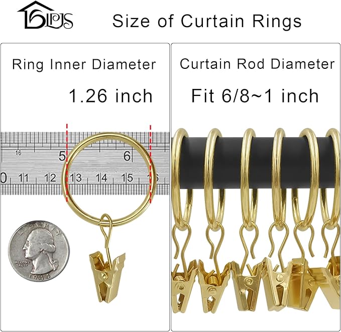 40 Pack Curtain Rings with Clips, Curtain Clip Rings Hooks, Bow Hanger Clips for Hanging Drapery Drapes Bows, Ring 1.26 inch Interior Diameter, Fits up to 1" Rod, Gold