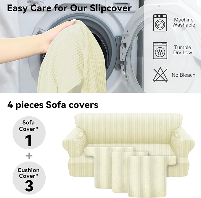 Waterproof Couch Cover 4-Piece Set Striped Sofa Slipcovers for 3 Separate T Cushion Couch - TPU Fabric Sofa Covers Leakproof Couch Protector for Kids, Pets(3 Cushion Sofa, Beige)