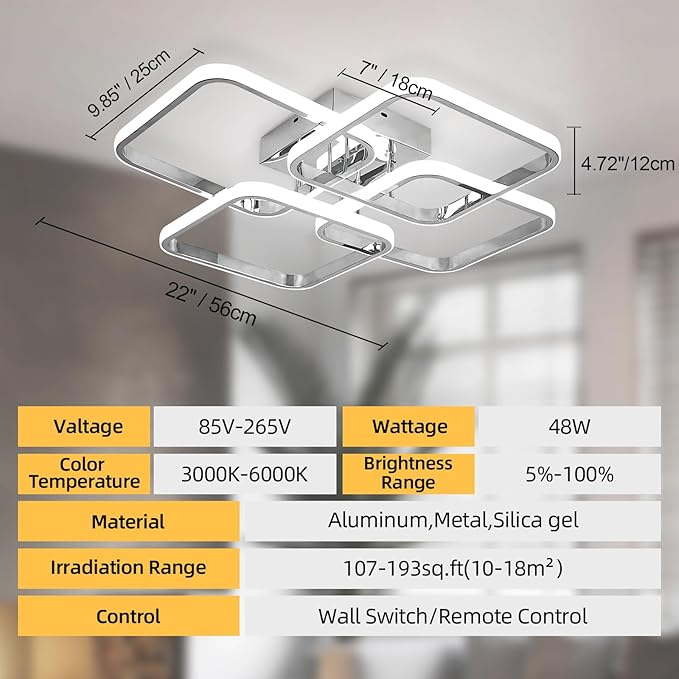 Dimmable Modern Led Ceiling Light, 4 Rings Square Ceiling Lamp with Remote Control, 48W Chrome Acrylic Ceiling Lighting Fixture for Living Room Dining Room Kitchen Office Lamps