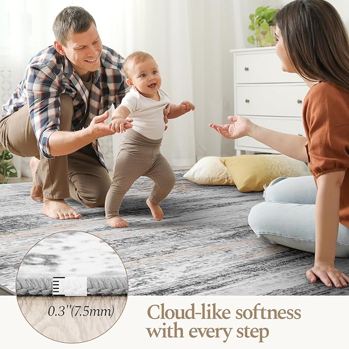 Rugflix 5x7 Area Rugs for Living Room, Washable Rug, Soft Low Pile Carpet, Non-Slip, Stain Resistant, Abstract Area Rug, Neutral Beige Grey Rug for Bedroom, Dining Room, Home Office