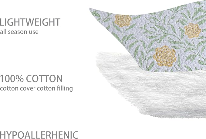Homzard Floral Quilt King Size - Cotton Green Sage Comforter Set, Farmhouse Floral Leaves Bedspread (106"x98") with 2 Pillow Shams, Lightweight King Quilt Bedding Garden Quilts