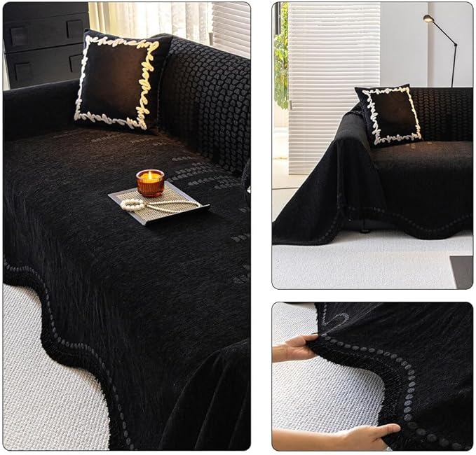 ROOMLIFE Black Sofa Cover, Vintage Boho Couch Cover for 3 Cushion Sofa, Non Slip Soft Chenille Sofa Slipcovers for Dog, Washable Furniture Sofa Protector Cover with Tassel for Living Room, 71''X150”