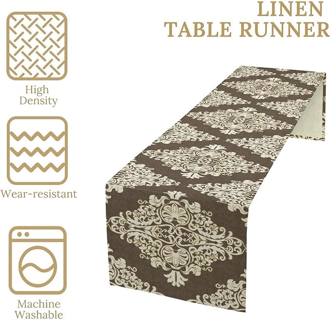 Damask Floral Pattern Table Runner,Brown Beige Distinctive Farmhouse Table Runner for Kitchen Family Dinner Table Holiday Party Farmhouse 13x108in