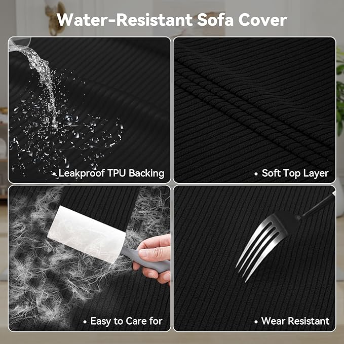 Waterproof Loveseat Cover 3-Piece Set Striped Slipcover for 2 Separate T Cushion Couch - TPU Fabric 2-Seater Sofa Covers Leakproof Couch Protector for Kids, Pets(Loveseat, Black)