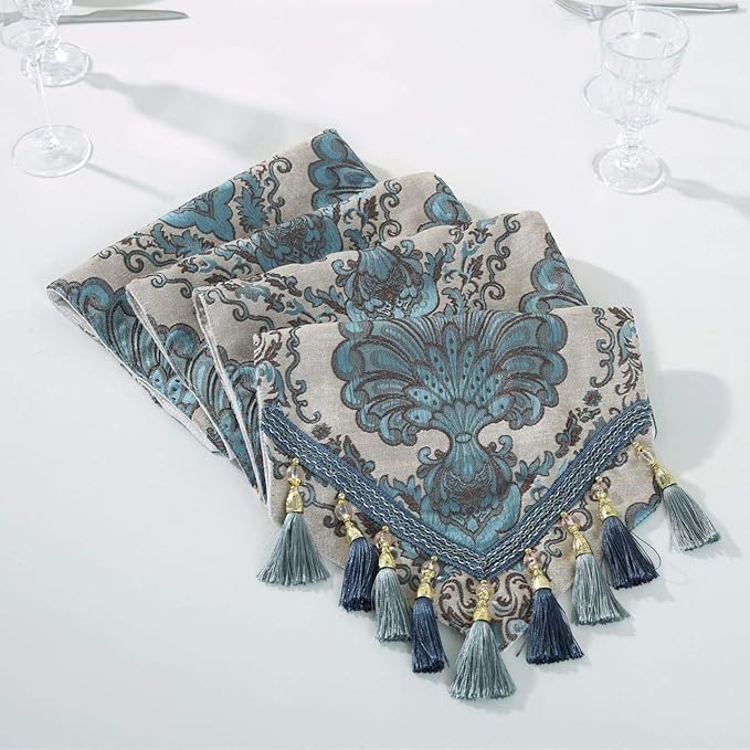 Embroidery Luxury Table Runner Jacquard Fabric Table Runner with Multi-Tassels for Dining Room Dresser Wedding Party Decorations, 13" x 98", Blue