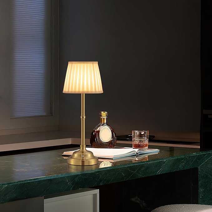 KDG Portables Cordless Table Lamp, Fabric Shade Desk Lamp, 4000mAh Rechargeable Battery Powered Lighting, Dimmable Light for Dining Room, Bedroom, Bedside, Bar, Night Light, Camping, Balcony (Bronze)