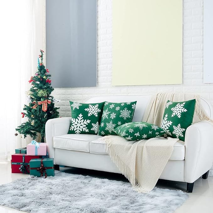 HWY 50 Green Decorative Throw Pillow Covers 16x16 Inch for Couch Sofa Living Room Bed, Soft Square Throw Pillows Cases Set Cushion Cover with Christmas Snowflakes Print Pack of 2