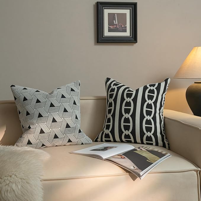 New 18x18'' inches Throw Pillow Cushion Covers - White Pignose Horseshoe Black Color Chenille Jacquard Embroidery Luxury Modern Style Couch Sofa Bed Pillow Cover for Living Room Bedroom