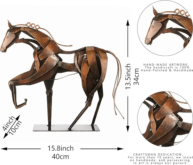 Metal Horse Statue Decor, Handmade Strong Modern Horse Sculpture Handicraft, Rustic Metal Statue Decorations Gift for Home Office Desk Figurine (Brown)