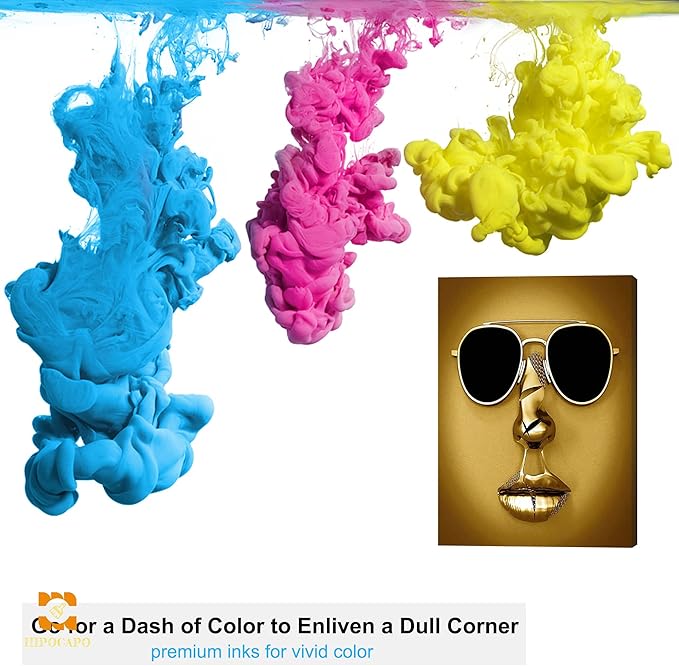 3D Metal Effect Wall Art - 3D Wall Art Decor Artwork Wear Sunglasses Golden Figure Statue Modern Art Canvas Painting, Large Wall Art for Bedroom Dercorations Framed 18”x24”x1Pcs