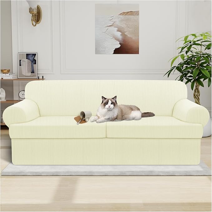 Waterproof Couch Cover 3-Piece Set Striped Sofa Slipcovers for 2 Separate T Cushion Couch - TPU Fabric Sofa Covers Leakproof Couch Protector for Kids, Pets(2 Cushion Sofa, Beige)