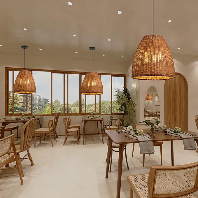 Rustic Rattan Chandelier Light Fixtures, 16.5IN Boho Hand Woven Pendant Light, 3-Lights Farmhouse Lampshade Dinning Room Hanging Lamp for Living Room Kitchen Island Hallway Bedroom Hallway