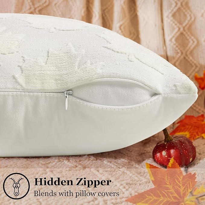 decorUhome Decorative Cream White Maple Leaf Thanksgiving Throw Pillow Covers 12x20 Set of 2, Soft Chenille Jacquard Farmhouse Textured Pillow Covers for Couch Sofa Autumn Harvest Halloween Holiday