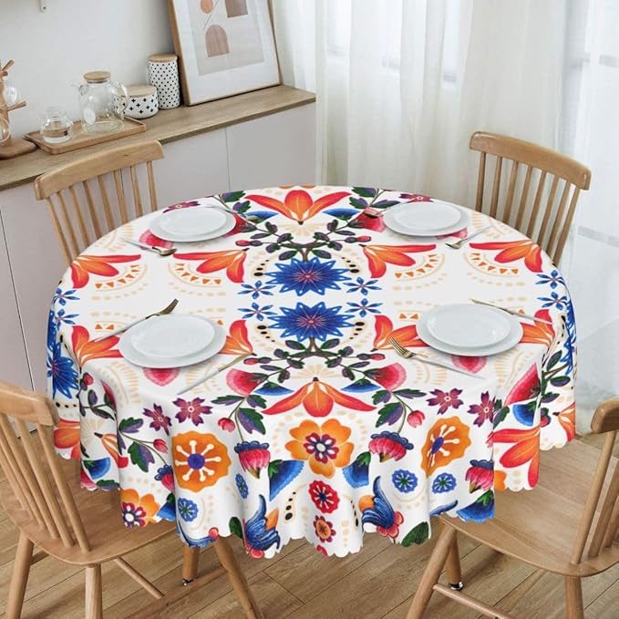 Mexican Round Tablecloth, Traditional Floral Tile Dia De Los Muertos Azulejo Mosaic Mexico Water Resisitant Table Cover for Dining Kitchen Living Room Home Party Holiday Decor 60 inch Round