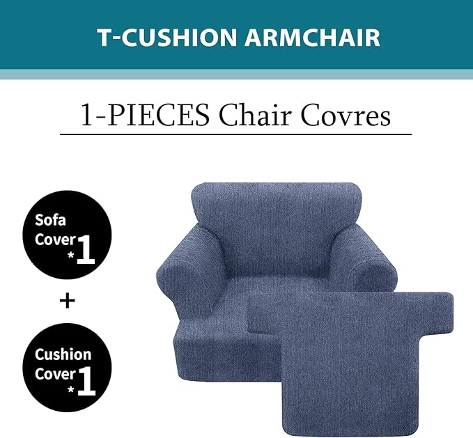 2 Pieces T Cushion Chair Covers with Arms Super Stretch Chair Slipcover for Living Room Pet Dog Universal Slip Cover Anti Slip Armchair Furniture Protector (Blue Gray, 1 Cushion)