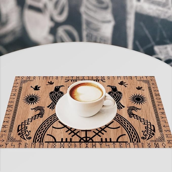 Viking Placemat Set of 4, 12x18 Inch Rustic Wooden Tree of Life Nordic Mythology Raven Helmet of Awe Dragon Black Rustic Coffee Table Mats for Outdoor Farmhouse Kitchen Dining Table Decoration