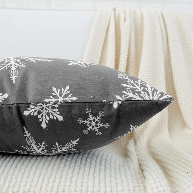 HWY 50 Grey Gray Throw Pillow Covers 20x20 Inch for Couch Sofa Living Room Bed, Soft Decorative Christmas Big and Small Snowflakes Print Throw Pillows Cases Cushion Cover Pack of 2