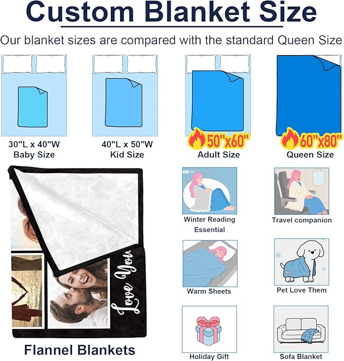 Jecivila Custom Blanket with Picture Text Personalized Photo Flannel Throw Blankets Customized Couple Gifts for Girlfriend Boyfriend Wife Husband on Valentine's Day Birthday