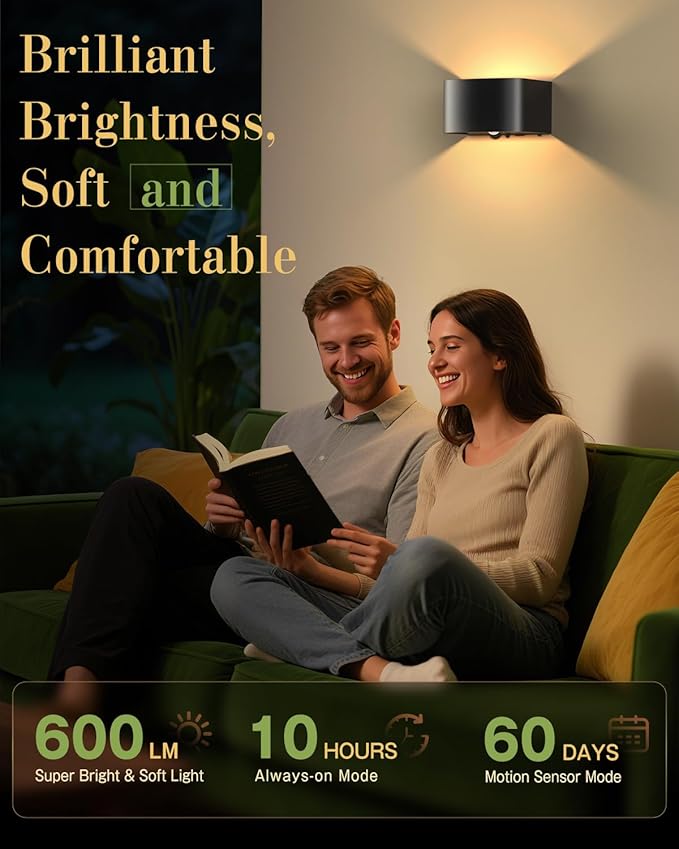 Wall Light Motion Sensor 2 Pack, Wall Sconces LED Indoor with Remote Control 3 Colors Brightness Adjustable 5000mAh Rechargeable Battery Powered Wall Lamps for Bedroom Living Room