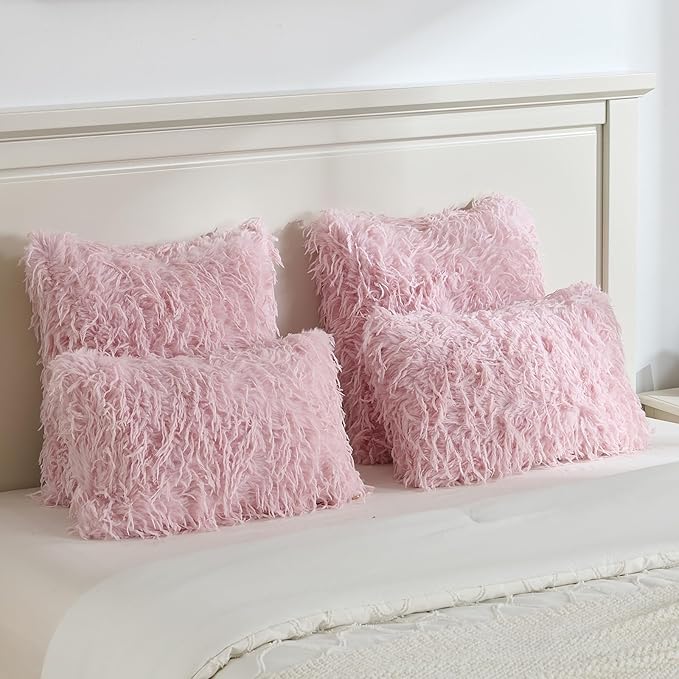 FUTEI Pink Decorative Throw Pillow Covers 26x26 Inch Set of 2,Soft Fluffy Faux Feather Texture Euro Pillow Shams,Modern Home Luxury Decor for Couch Bed Living Room