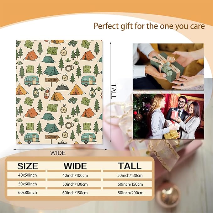 Camping Adventure Blanket Gifts for Women Girls Kids, Soft Warm Lightweight Flannel Tent Compass Lantern Throw Blankets for Bedroom Living Room Home Sofa Home Decor 60" x 80"
