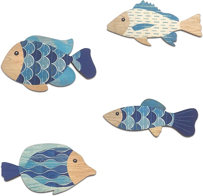 Vumyhuby Wooden Fish Wall Art with Coastal Ocean Theme Decor - Handcrafted Natural Wood Fishs Wall Sculpture Set of 4, Rustic Hanging for Linving Room, Beach, Nautical, or Coastal Home Decoration, Unique Gifts,C