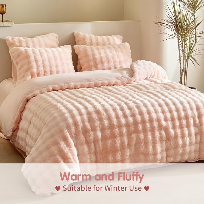 Tokokimo Fluffy Fleece King Size Duvet Cover Set, Ultra Soft Reversible Heavyweight Bedding Set, Extra Warm Winter Duvet Cover Set with 2 Pillow Cases, All Season Fuzzy Comforter Cover Set, Pink