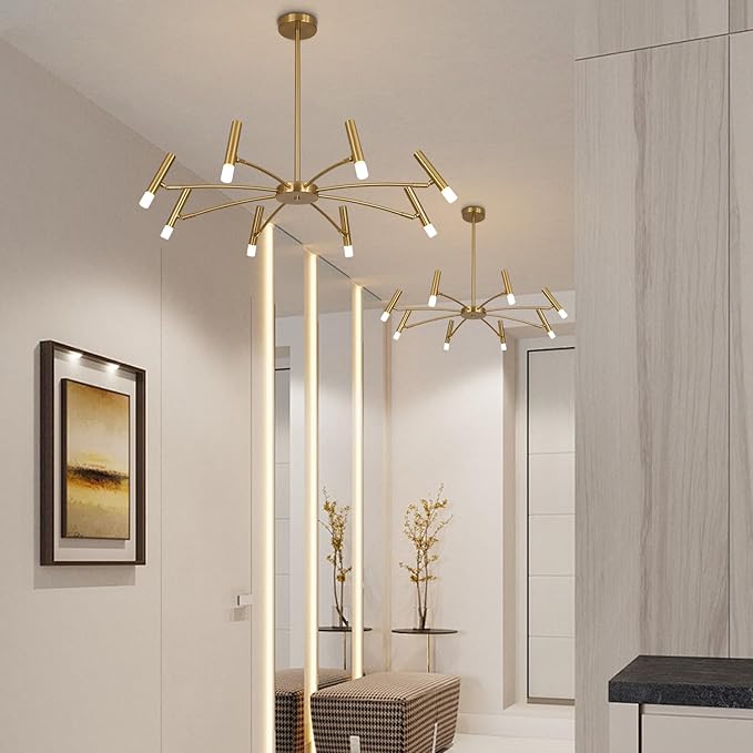 KCO Lighting Contemporary 8 Lights LED Chandeliers Brushed Brass Living Room Light Fixture Gold Sputnik Flush Mount Ceiling Light Fixture Small Modern Ceiling Lamp for Bedroom