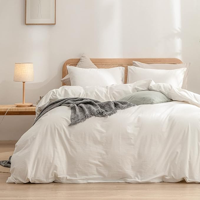 BESTOUCH Duvet Cover Set 100% Washed Cotton Linen Feel Super Soft Comfortable Chic Lightweight 3 PCs Home Bedding Set Solid Off White Super King