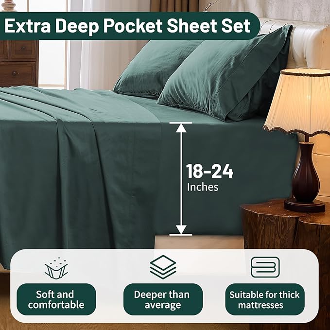 MEISHANG Extra Deep Pocket Cotton Sheets Queen Size - 100% Egyptian Cotton 1000 Thread Count - Fits 18"-24" in Deep Mattress,Oeko-Tex Certified, Soft & Breathable - 4 Piece (Queen, Lake Blue)