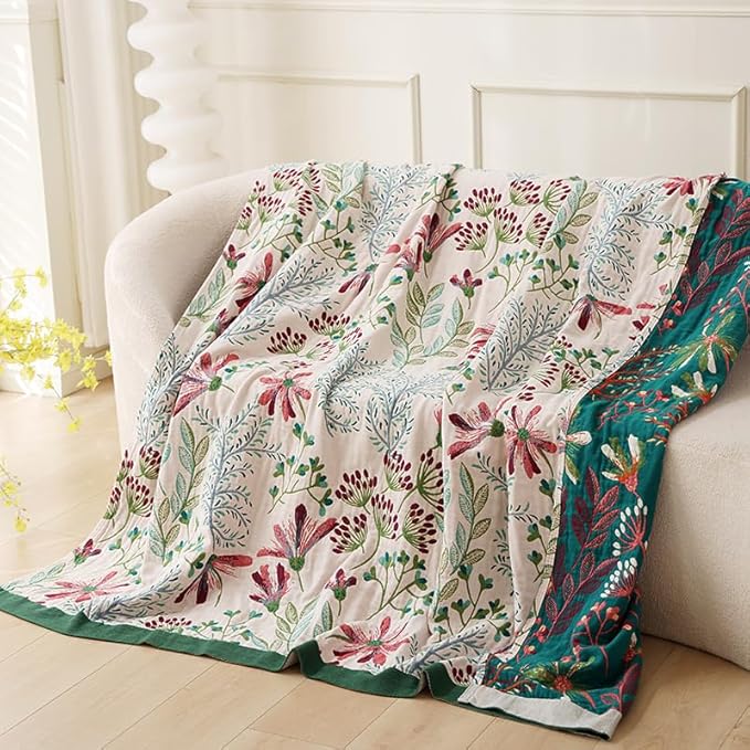 Boho Throw Blanket, 100% Cotton Ultra Soft Luxury Throw Rustic Quilt, Muslin Breathable Soft Bed Throw ，All Throw for Sofa Couch Chair 90x98 Inch
