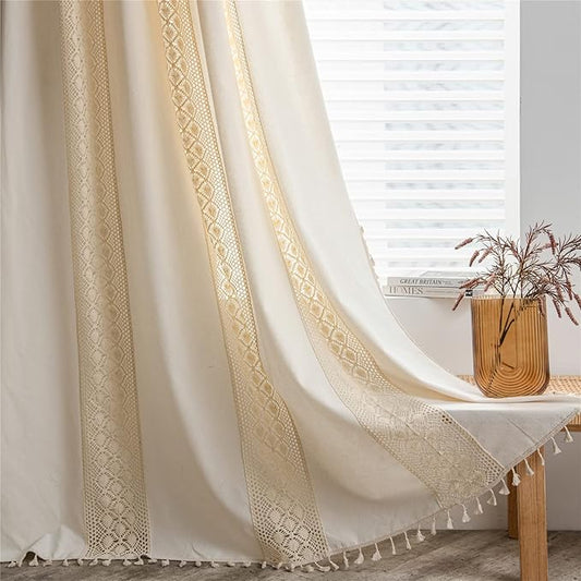 Sutuo Home Boho Curtain Crochet Dots Patchwork Semi-Blackout Bohemian Handmade Tassels, Rod Pocket Window Treatment Vintage Rustic Farmhouse Drapes for Living Bedroom, 1 Panel 59" W x 84" L, Beige