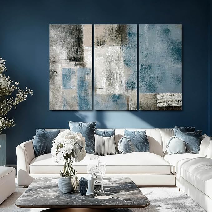SDYA Abstract Canvas Wall Art Grey and Blue Wall Decor Modern Canvas Painting 20"x40"x3p Decorations for Bedroom Office Artwork