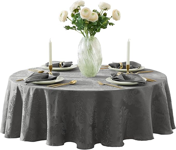 Newbridge Barcelona Damask Fabric Tablecloth, 70 Inch Round, Grey – No Iron, Soil Resistant Table Cover for Dining, Parties and Holidays
