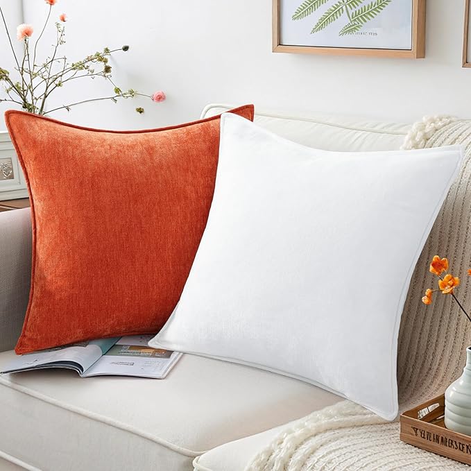 decorUhome Christmas Couch Throw Pillow Covers 16x16 Set of 2, Decorative Soft Euro Velvet Neutral Chenille Pillow Covers with Elegant Design for Sofa Bed Living Room Home Decor, Rust