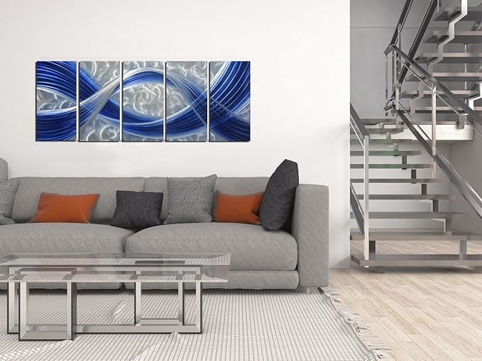 Metal Wall Sculpture with Dark Blue Line Silver Background, Aluminum Wall Art, Unique Metal Artwork, Abstract Metal Wall Art for Modern and Contemporary Decor, Indoor and Outdoor, 5-Panels 64" x 24"