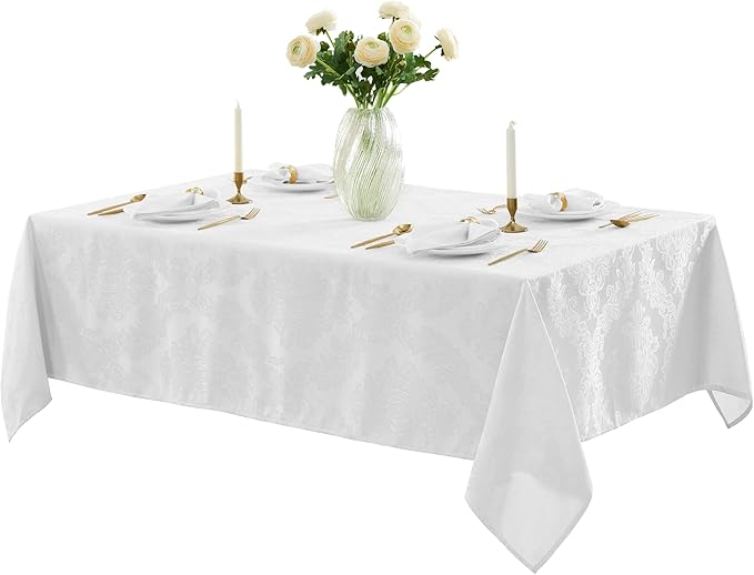 Newbridge Barcelona Luxury Damask Fabric Tablecloth, 60” Wide x 120” Rectangle, White, 100% Polyester, No Iron, Soil Resistant Dining Room, Party and Banquet Table Cover