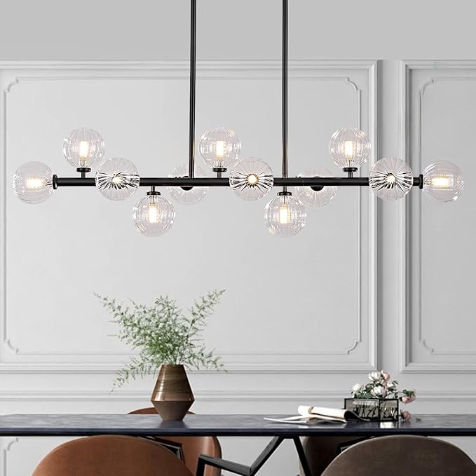 50 Inch Large Sputnik Globe Chandelier, 12-Light Mid Century Modern Light Fixture Over Table, Black Linear Chandeliers for Dining Room Kitchen Island Living (Clear Glass Bubble Shades)