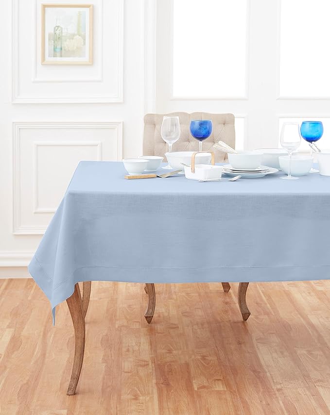 Solino Home Linen Tablecloth 60 x 120 Inch - Classic Hemstitch 100% Pure Linen Sky Blue Table Cloth for Rectangle Tables - Machine Washable Tablecloth for Christmas, Holiday