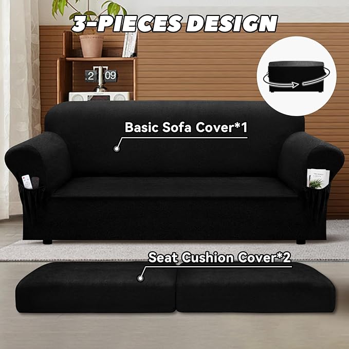 Sofa Slipcover with Armrest Pockets 3-Piece Set, Stretch Faux Leather Couch Cover for 2-Cushion Couches(Fits 72-92") - Non-Slip, Machine Washable, Pet & Kid Friendly - Black