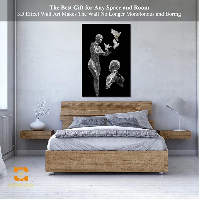 HIPOCAPO 3D Metal Effect Wall Art - Canvas Art, Decor for Living Room, Framed Romantic Couple Put Pigeons pictures bedroom 32”x48”x1Pcs 3d Art-24