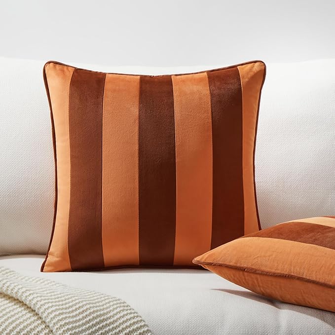 MONDAY MOOSE Decorative Throw Pillow Covers Cushion Cases, Set of 2 Soft Velvet Striped Piping Edge Designs, Pillow Inserts Not Included (Rust/Coral, 18x18 inch)