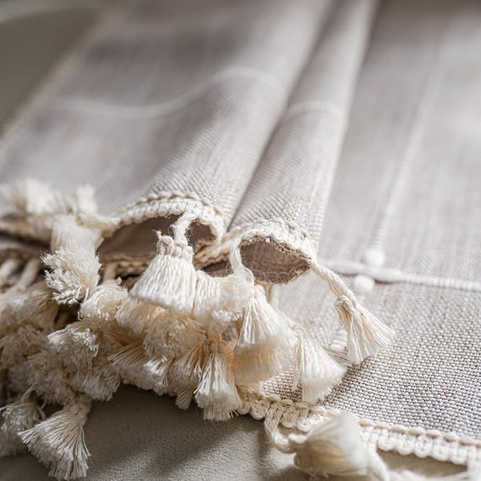 Sutuo Home Boho Curtain for Bedroom 84 Inch Length, Light Filtering Country Farmhouse Vintage Shabby Chic Tassels Window Treatment Bohemian Grid Drape for Decor 1 Panel 52" W x 84" L, Natural Plaids
