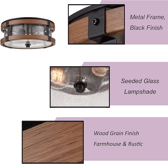 Farmhouse Ceiling Light Fixture 2-Light Hallway Ceiling Light in Black & Rustic Wood Grain Finish with Clear Seeded Glass Shade