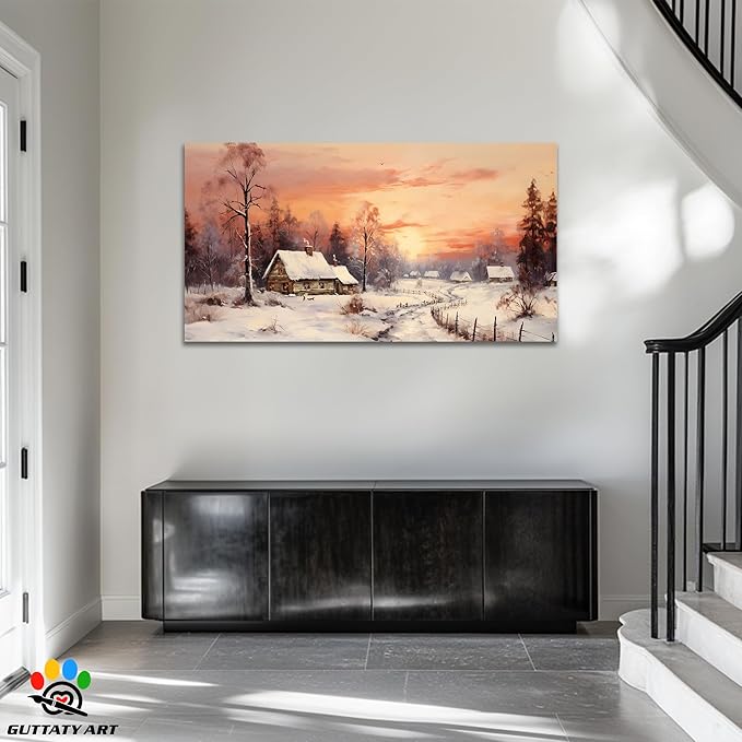 GUTTATY Christmas Winter Scene Canvas Wall Art, Cozy Snow Village Canvas Print, Rustic Country House Wall Painting, Winter Sunset Landscape Poster for Living Room, Bedroom, Hallway, 60x30 Inch