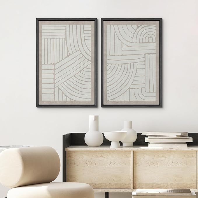 SIGNWIN Framed Canvas Print Wall Art Set Grunge Tribal Pattern Landscape Abstract Shapes Cozy Neutral Minimal Decorative Nordic Zen Bohemian for Living Room, Bedroom, Office - 16"x24"x2 Black
