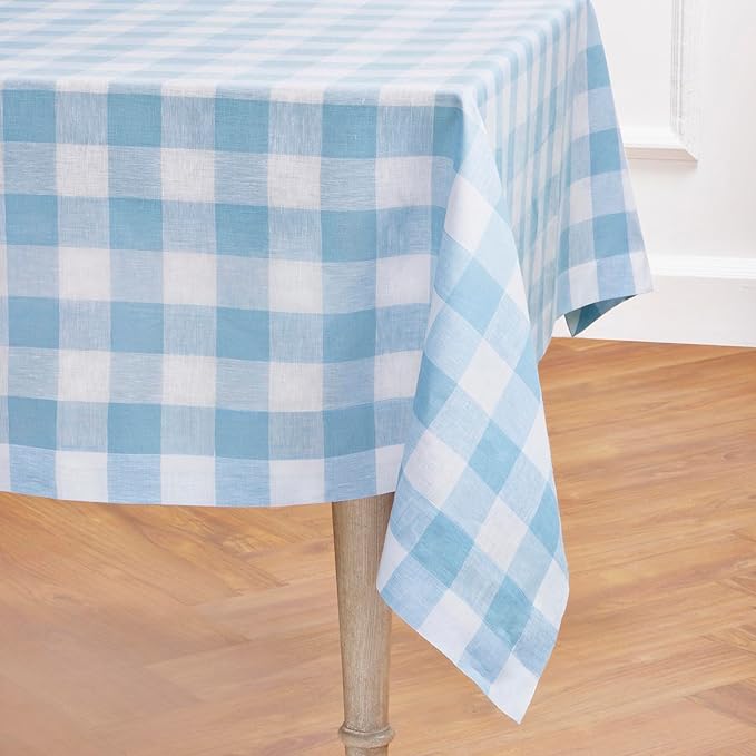 Solino Home Linen Checkered Tablecloth 60 x 90 Inch - 100% Pure Linen Blue Bell Buffalo Plaid Table Cloth for Rectangle Tables - Machine Washable Tablecloth