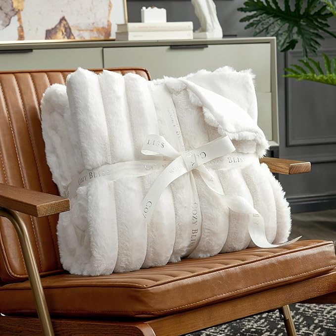 Cozy Bliss Faux Fur Throw Blanket for Couch, Cozy Warm Plush Striped Blanket for Sofa Bedroom Living Room, 90 * 90 Inches Cream White