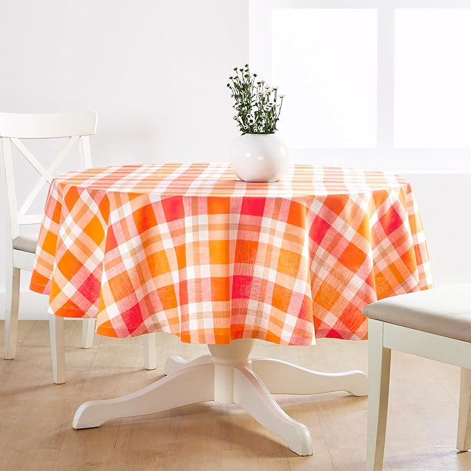 Solino Home Linen Round Tablecloth 70 Inch - 100% Pure Linen Fall Plaid Tablecloth - Autumn, Thanksgiving, Holiday, Fall Buffalo Check Machine Washable Table Cloth